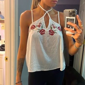 sheer white tank with sewn roses
